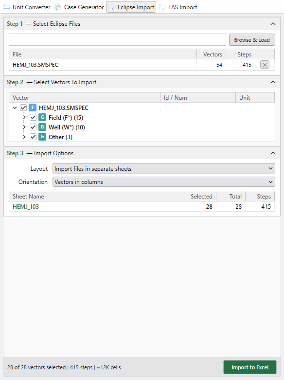 Eclipse Import pane with files loaded and vector tree visible
