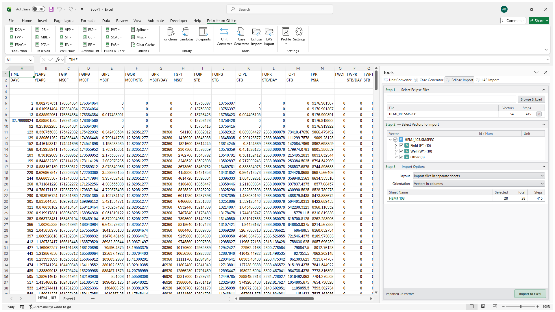 Imported Eclipse vectors in an Excel worksheet