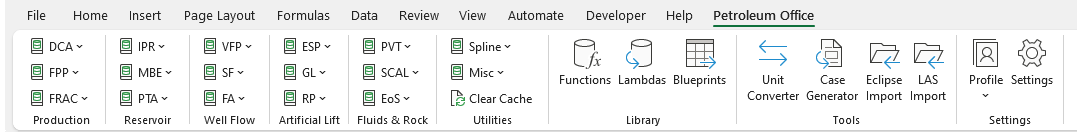 The Petroleum Office ribbon tab in Excel: Production, Reservoir, Well Flow, Artificial Lift, Fluids & Rock, Utilities, Library, Tools and Settings groups